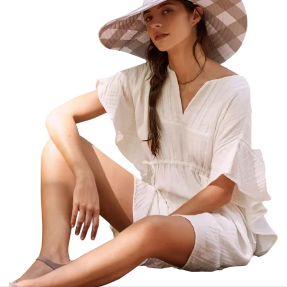 By Anthropologie Ruffled Cover-Up White Cottagecore Boho Mini Dress L/XL - Picture 2 of 10